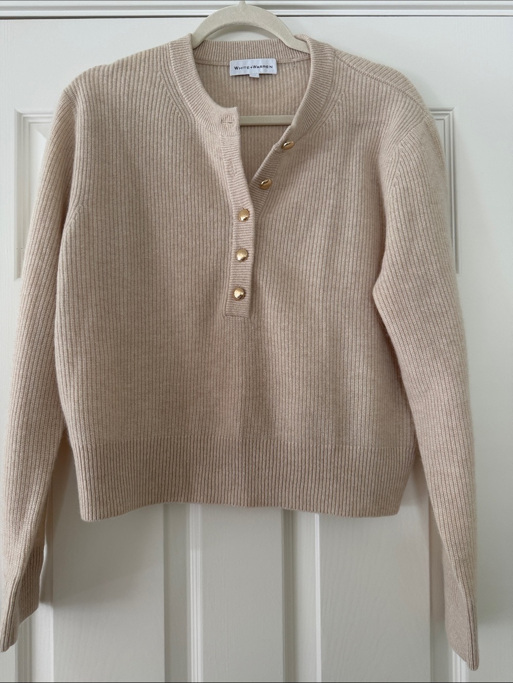 White + Warren Beige Ribbed Henley Sweater with Gold Buttons